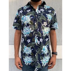 Denim and Flower Hawaiian Print Button-up